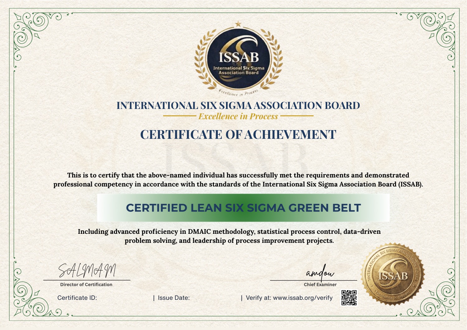 ISSAB Lean Six Sigma Green Belt Certificate