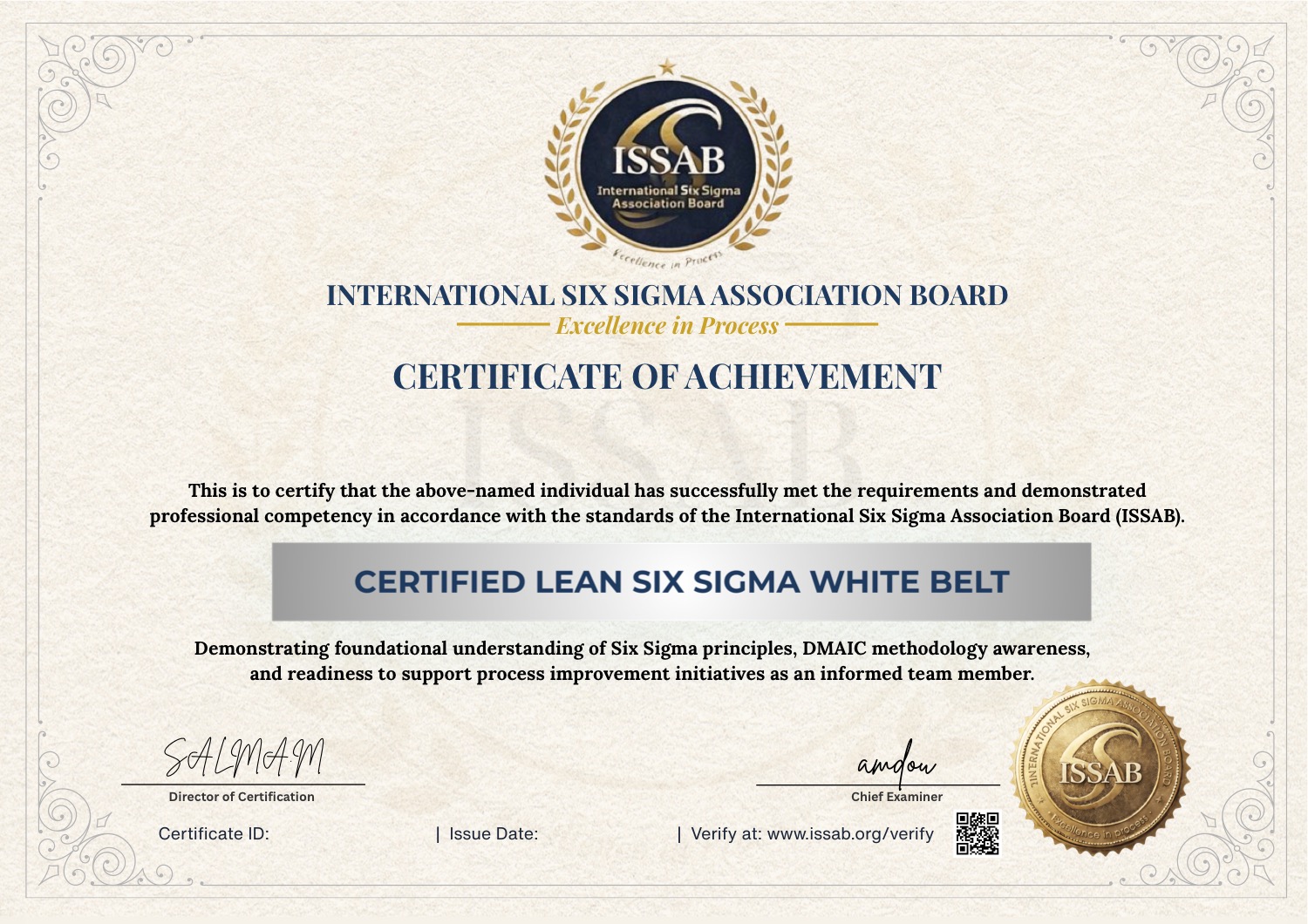 ISSAB Lean Six Sigma White Belt Certificate